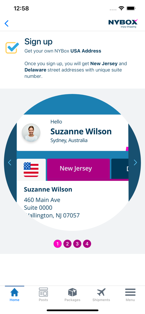 NYBox - NYBox app sign up screen showing a personal USA shipping address in New Jersey for an international shopper.