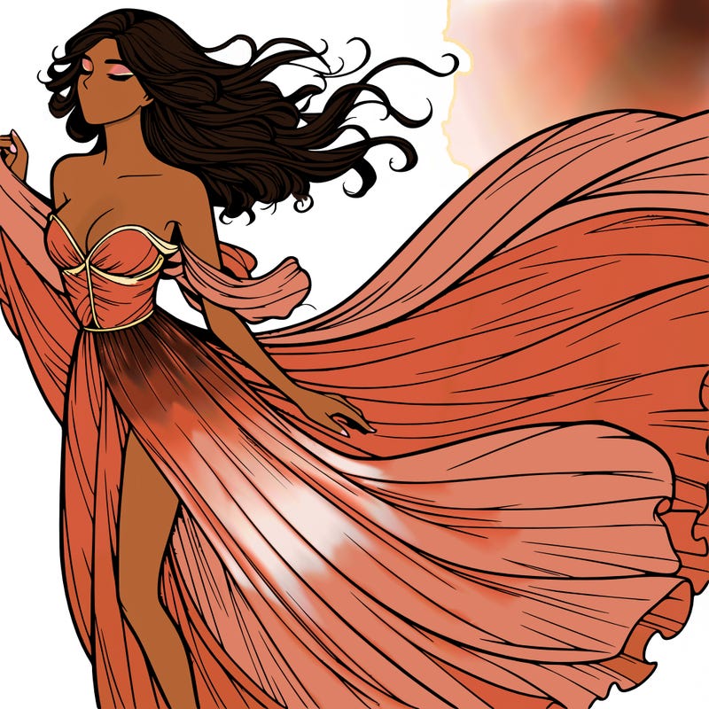 realistic woman in dress flowing the the wind