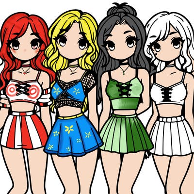 four girls with crop tops and skirts