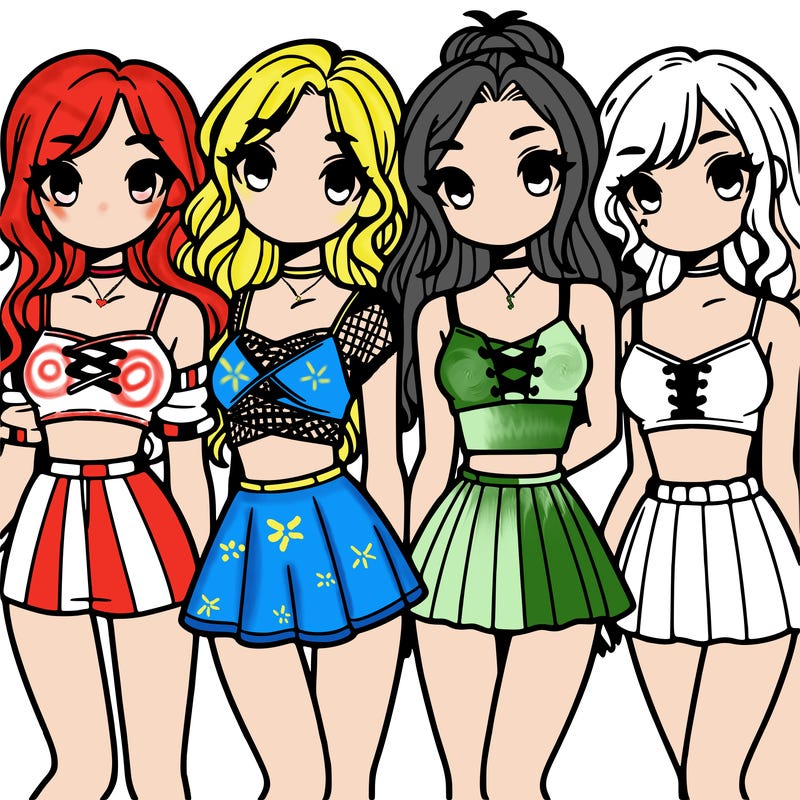 four girls with crop tops and skirts