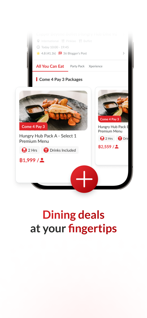 Hungry Hub app showing premium dining packages and exclusive restaurant deals at your fingertips