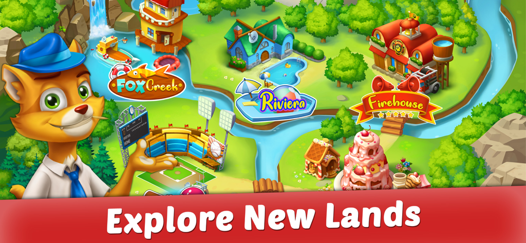 Solitaire: Forest Rescue - Chance the fox character presenting a vibrant game map with different themed areas like Fox Creek and Riviera.