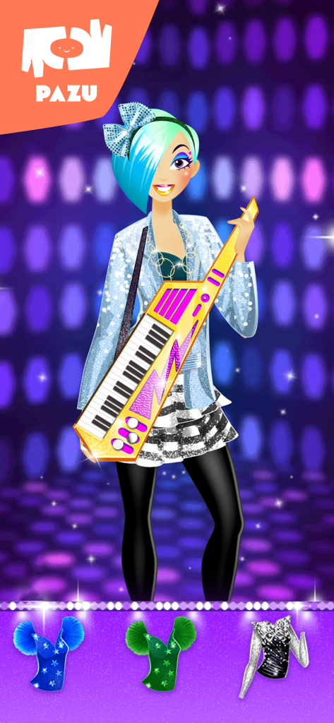 Uma personagem de menina estilosa com cabelo azul segurando um keytar em um palco iluminado com opções de roupas abaixo