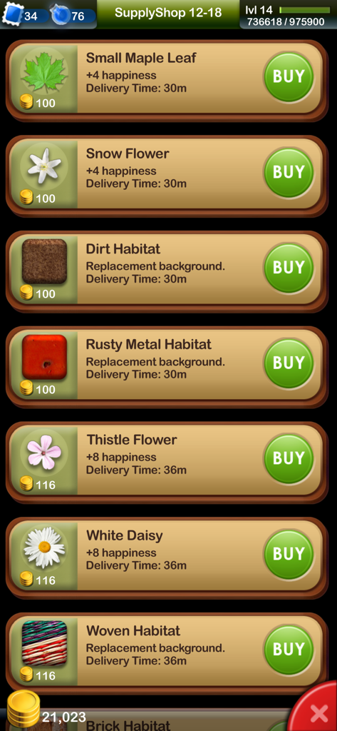 Interfaz de la Tienda de Suministros en Pocket Frogs que muestra decoraciones de hábitat y plantas en venta