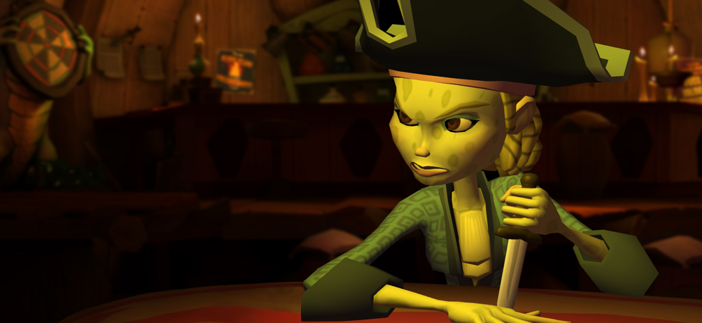 Morgan LeFlay sosteniendo una espada en una taberna de Tales of Monkey Island Episodio 4