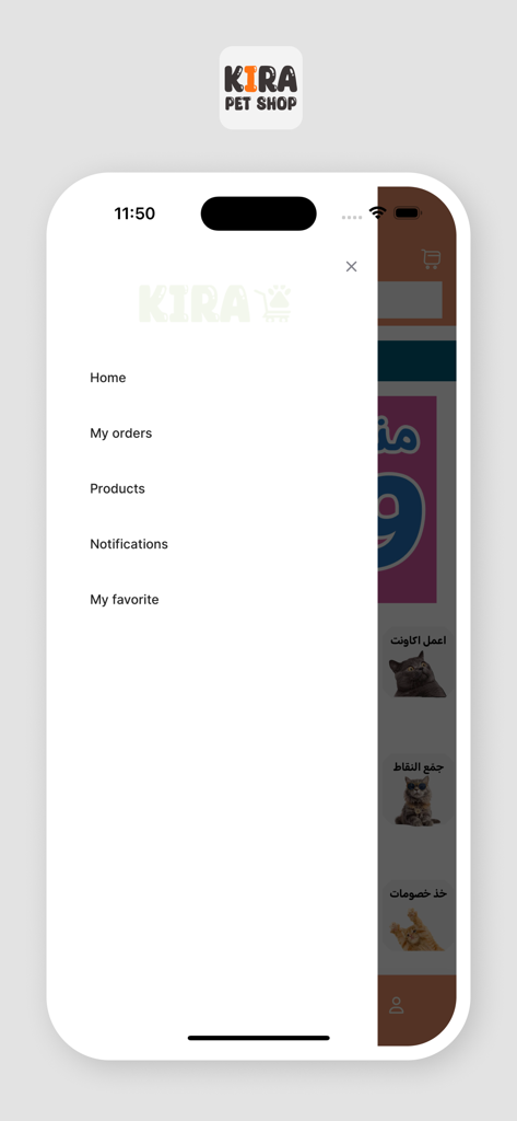 Menú de navegación lateral de la aplicación Kira Pet que muestra enlaces a Inicio, Mis pedidos, Productos, Notificaciones y Favoritos.