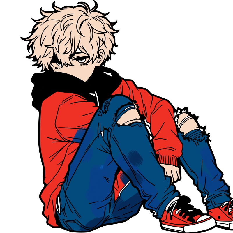 a male hoddie ripped jeans messy hair anime