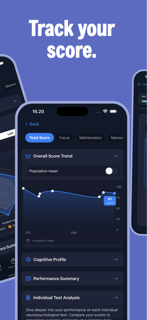 Un gráfico de líneas en la aplicación CerebreX que muestra una tendencia general de la puntuación de salud cerebral a lo largo del tiempo