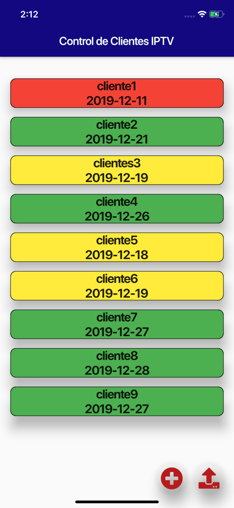 IPTV Control app dashboard showing a color coded list of client subscription expiry dates
