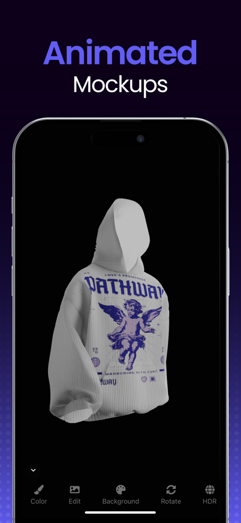 iPhone screen displaying an animated 3D mockup of a white hoodie with a purple angel graphic design inside the 3DMockups app interface.