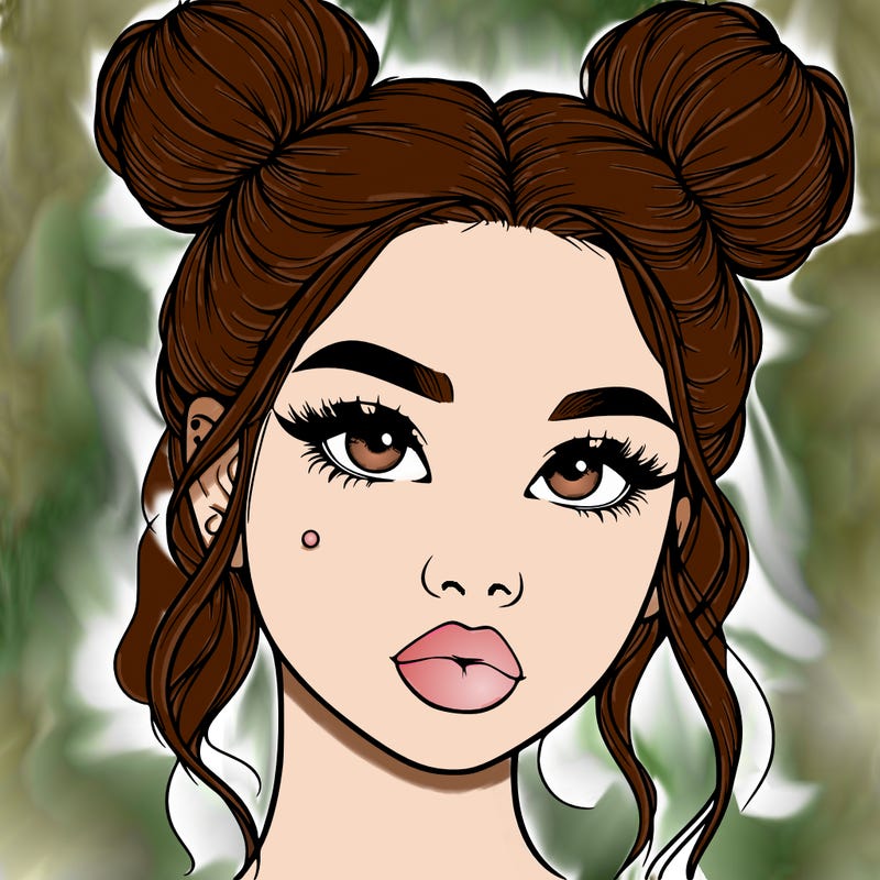 realistic girl with two buns on her hair and lips