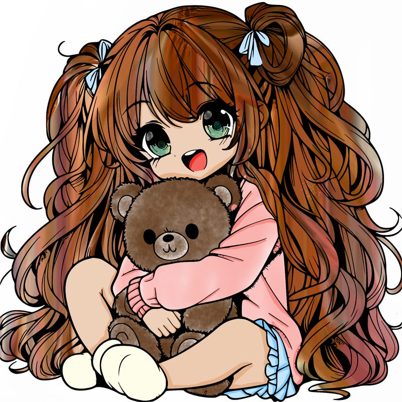 manga girl, long curly hair, happy, cuddling a teddy bear