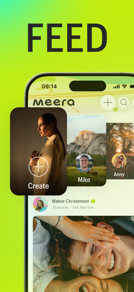 Meera: Geo-social network - Interfaccia del feed social dell'app Meera che mostra momenti utente e post basati sulla posizione