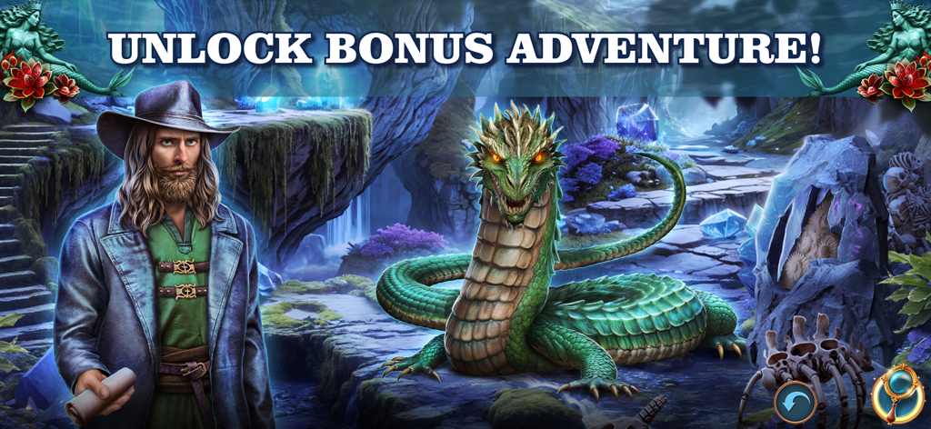 Hidden Objects: Journey F2P - Un cazador barbudo y un dragón verde en una mística cueva de cristal