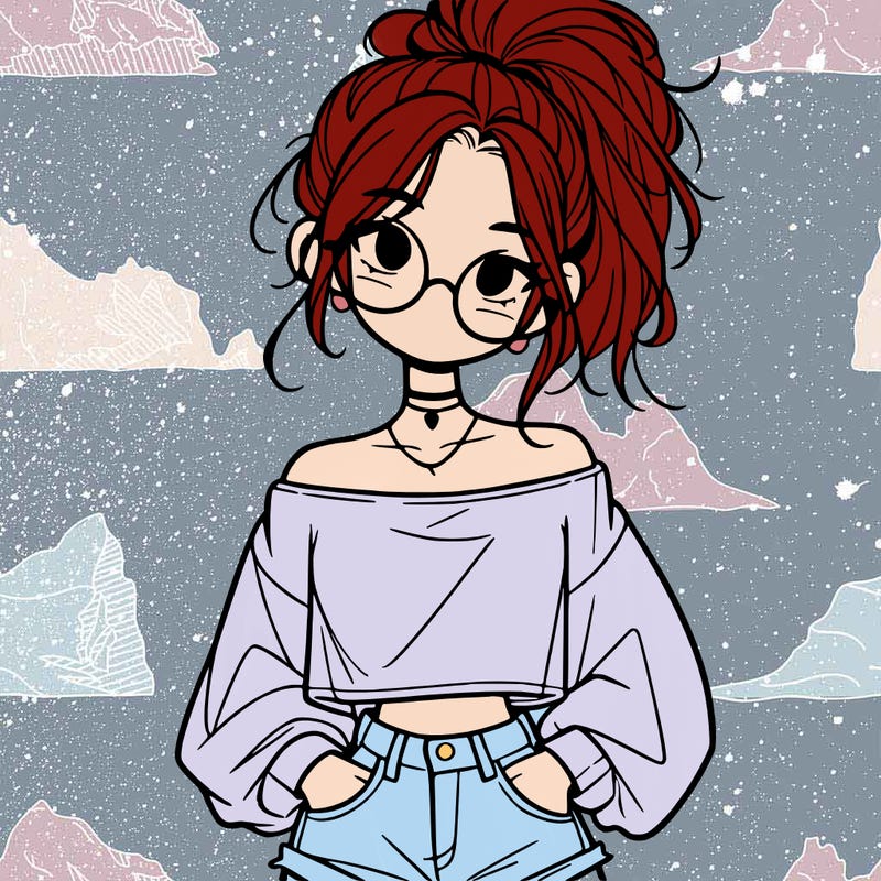 girl with a messy ponytail glasses a baggy crop top and jean shorts