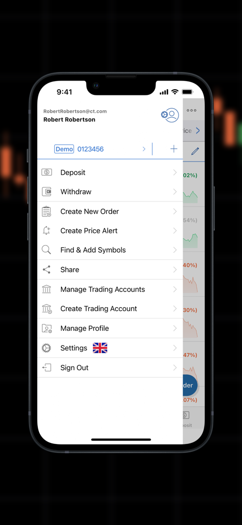 INZO cTrader - Menu lateral do aplicativo móvel INZO cTrader mostrando gerenciamento de conta e ferramentas de negociação
