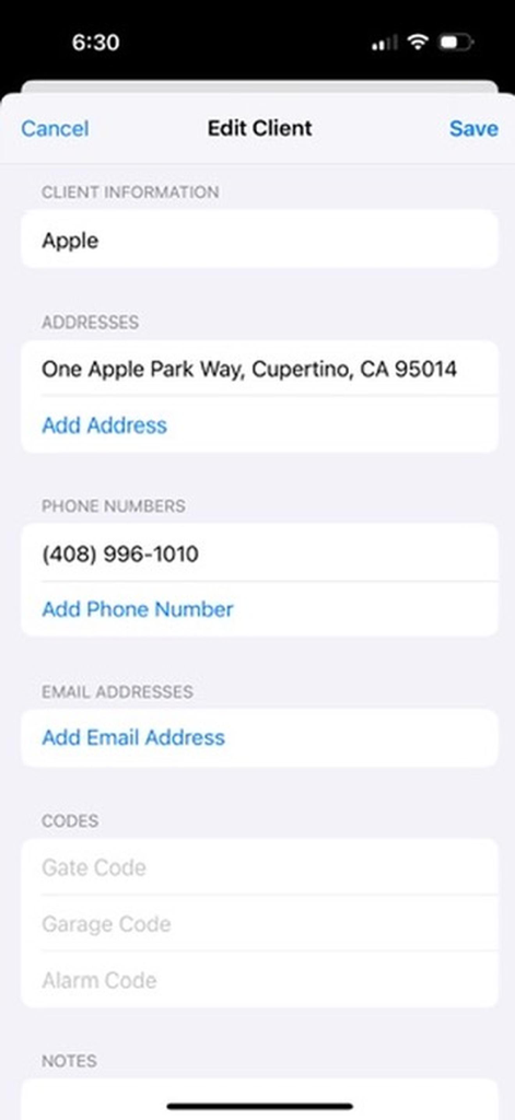 Schermata di modifica dettagli cliente in Simple Client List che mostra campi per nome, indirizzo, numero di telefono e codici di accesso alla proprietà