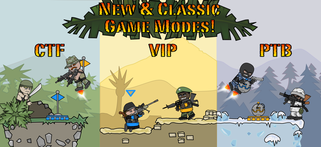 A promotional graphic for Mini Militia Classic displaying the CTF VIP and PTB game modes with cartoon soldier characters