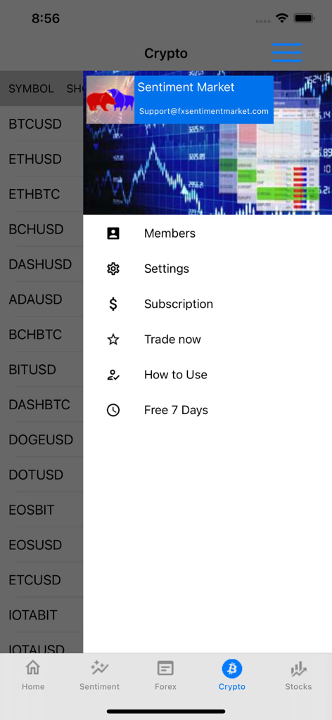 仮想通貨ペアリストの上に設定とサブスクリプションオプションを示すセンチメント市場分析モバイルアプリのナビゲーションメニュー