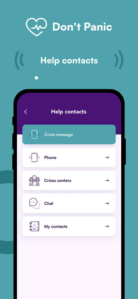 Don't panic!!! - Help contacts screen in the Dont Panic app showing options for crisis message phone and chat support