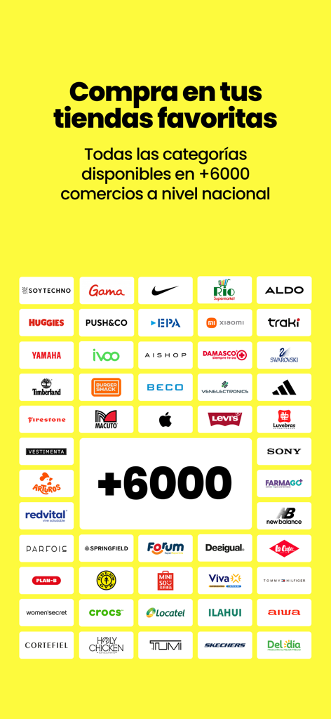 Uno sfondo giallo che mostra i loghi di marchi di vendita al dettaglio popolari come Nike, Sony e Levi's con testo che indica che Cashea è accettato in oltre 6000 negozi.