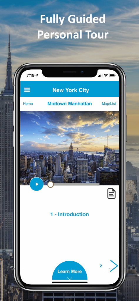 New York City GPS Audio Tour - iPhone displaying the New York City GPS Audio Tour app interface for a Midtown Manhattan walking tour