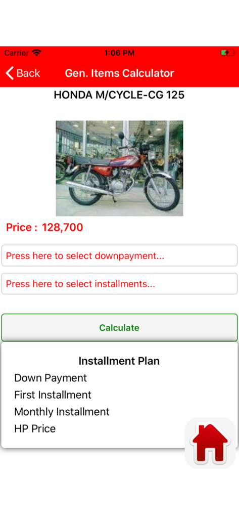 A motorcycle installment calculator screen within the CSD Pakistan mobile app