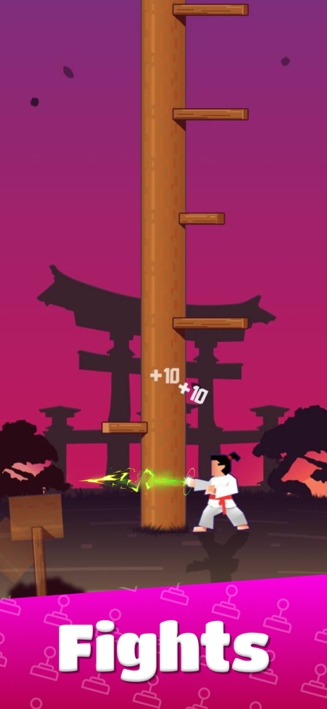 A karate mini game showing a martial artist character hitting a wooden pole in the Prizes by GAMEE app.