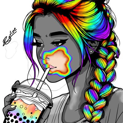 realistic girl drinking boba tea with braided hair