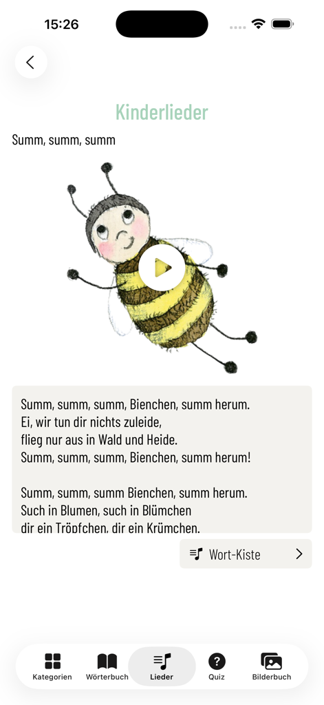 Babyzeichen Zwergensprache - Childrens song interface in the Babyzeichen Zwergensprache app showing a bee illustration and German lyrics