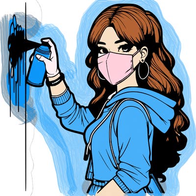 realistic girl with mask spray painting a wall