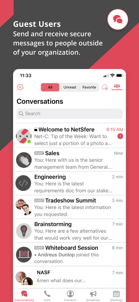 NetSfere Secure Messaging - NetSfere app interface showing secure messaging with guest users outside the organization