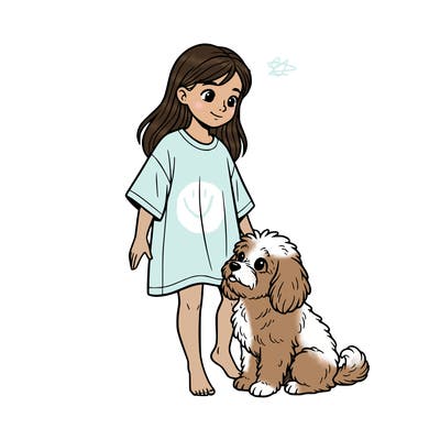 a girl wearing a very very very baggy shirt with no shorts and a cute small fluffy dog sitting next to her close up