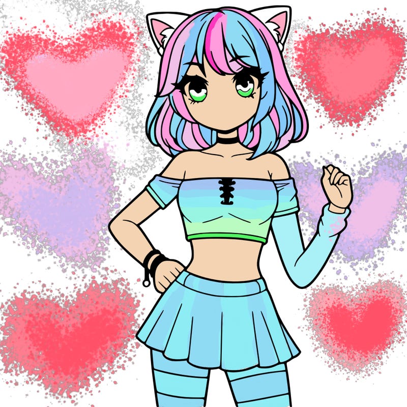 girl with crop top and a short skirt she also has medium hair with wolf bangs