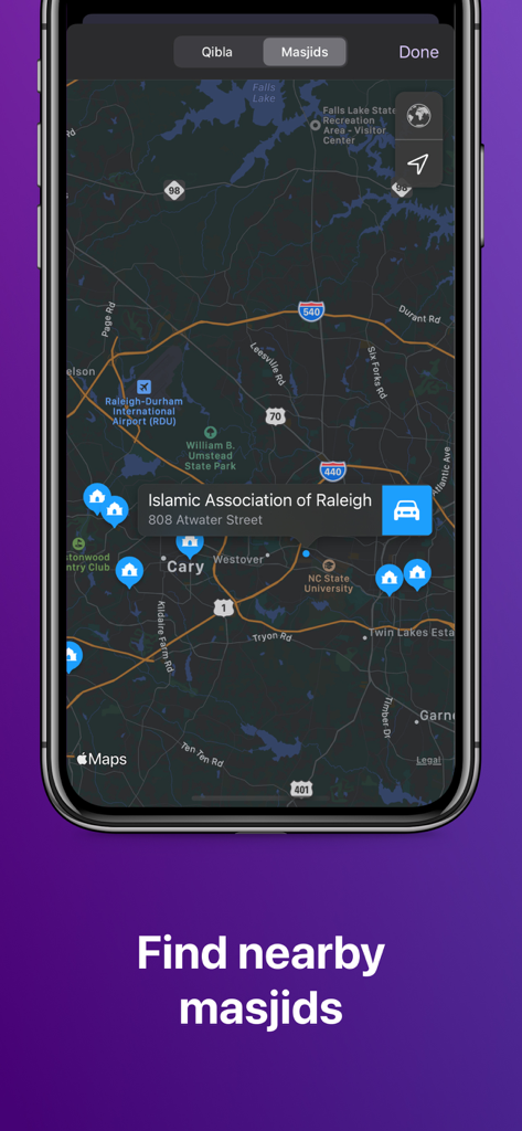 Mobile app screen displaying a map with nearby masjid locations and navigation options.