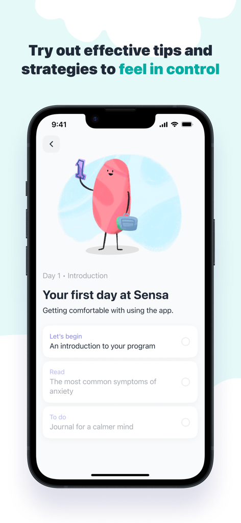 Sensa - Mental Coach - Sensa app interface showing the first day of a mental health program with CBT-based lessons and journaling tasks.