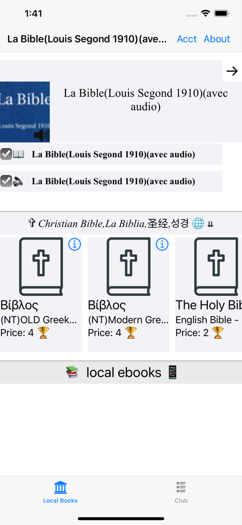 La Bible(Louis Segond 1910) - Screenshot of the La Bible Louis Segond 1910 app menu showing French and multilingual bible options