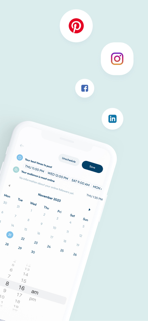 Plann: Preview for Instagram - Plann app interface showing a social media scheduling calendar with best times to post analytics and platform icons for Instagram Facebook Pinterest and LinkedIn.