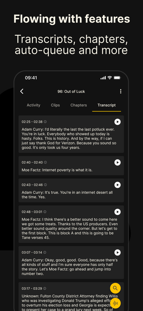 Smartphone screen showing the real-time transcript interface of the Fountain podcast player app with speaker names and timestamps.