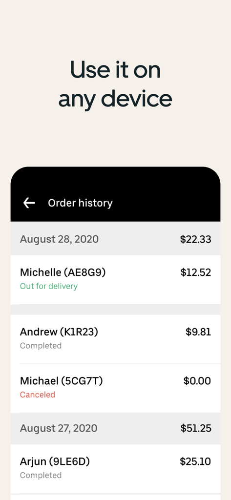 Uber Eats Orders app interface showing a list of recent orders and their statuses for restaurant management