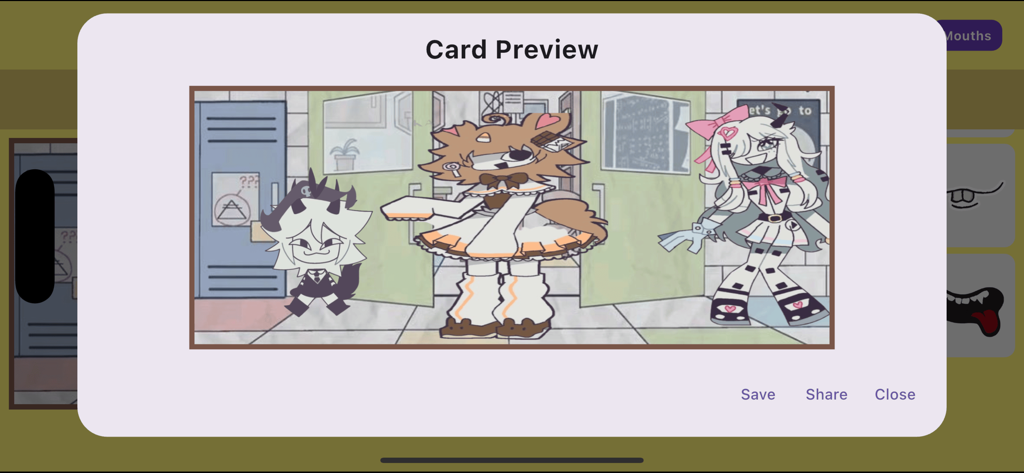 FPE OC Maker : Game Avatar - A preview screen showing three custom characters in the Fundamental Paper Education art style