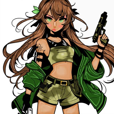 bad girl wearing crop top holding a gun long hair anime