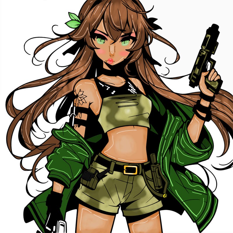 bad girl wearing crop top holding a gun long hair anime