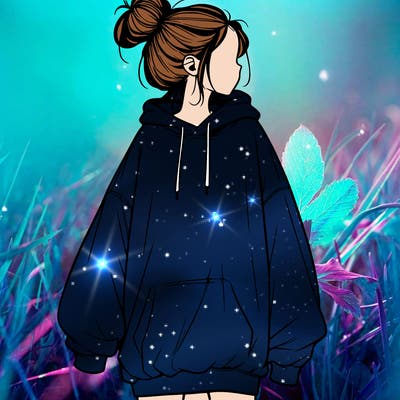 realistic girl with a oversized sweatshirt on and a bun