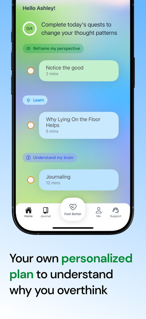Attached: Relationship Anxiety - Screenshot of the Attached app showing a personalized daily plan with psychological exercises like journaling and reframing perspectives to manage overthinking.