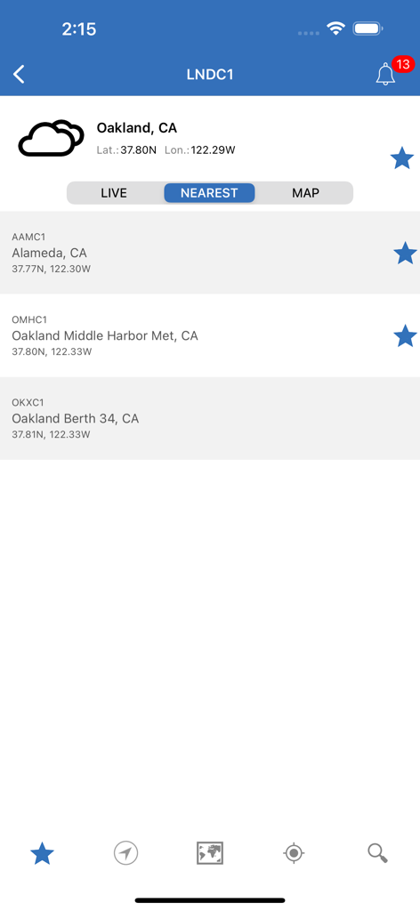 NOAA Buoys Live Marine Weather - List of nearest marine weather stations in Oakland and Alameda California on the NOAA Buoys app interface.