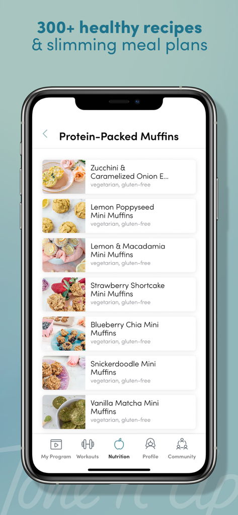Pantalla de nutrición de la aplicación Tone It Up con recetas de muffins ricas en proteínas.
