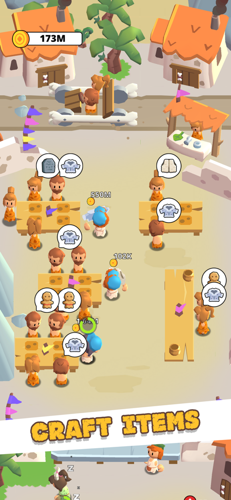 Personagens pré-históricos fabricando itens no nível da Idade da Pedra de Idle Civilizations Evolution