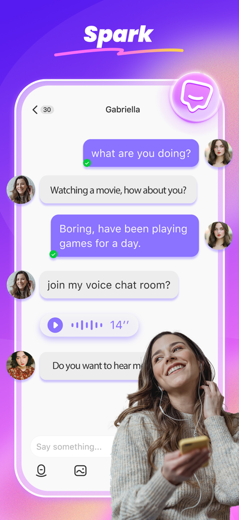 SUGO app Spark screen showing a text and voice chat conversation between users with a woman smiling and using headphones.