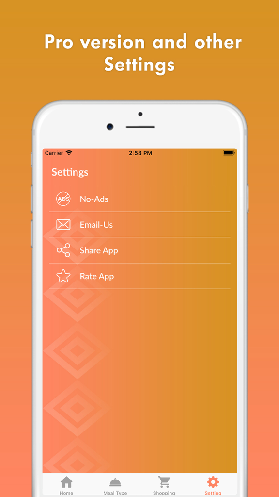 Meal Planner app settings screen showing options for pro version no-ads and app feedback